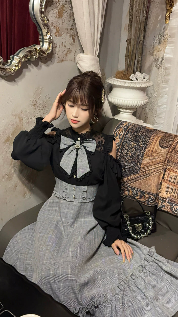 Jirai Kei Open-Shoulder Long Dress, Detachable Bow 44754:823946