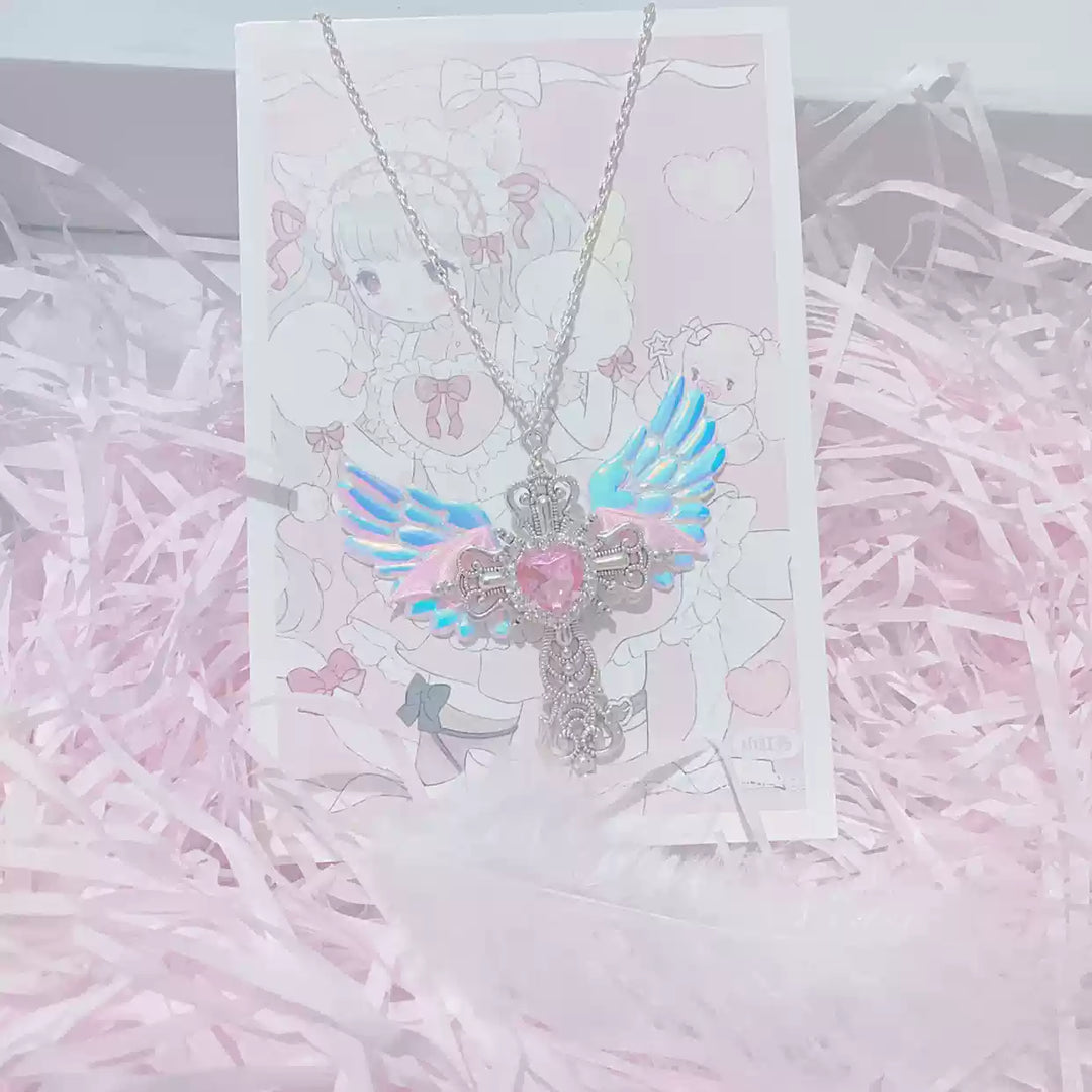 Y2K Jirai Kei Necklace Angel Cross Sweater Chain (pink) 29316:691980
