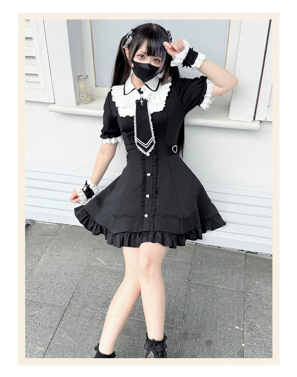Black and White Jirai Kei Dress, Back Lace-Up 43613:781070