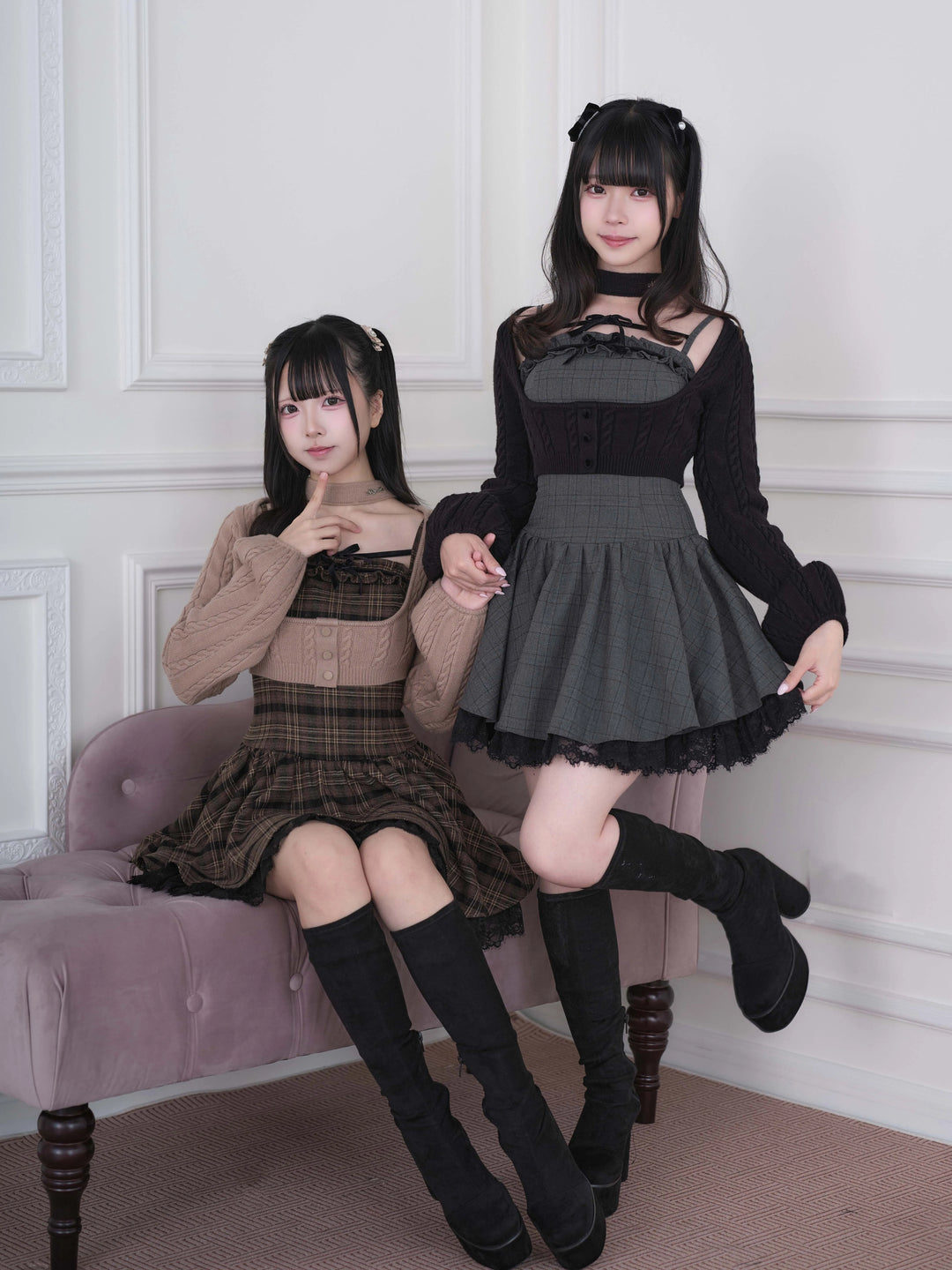 Ryousangata Plaid Dress & Knit Sweater Set, Choker-Neck 46032:873335