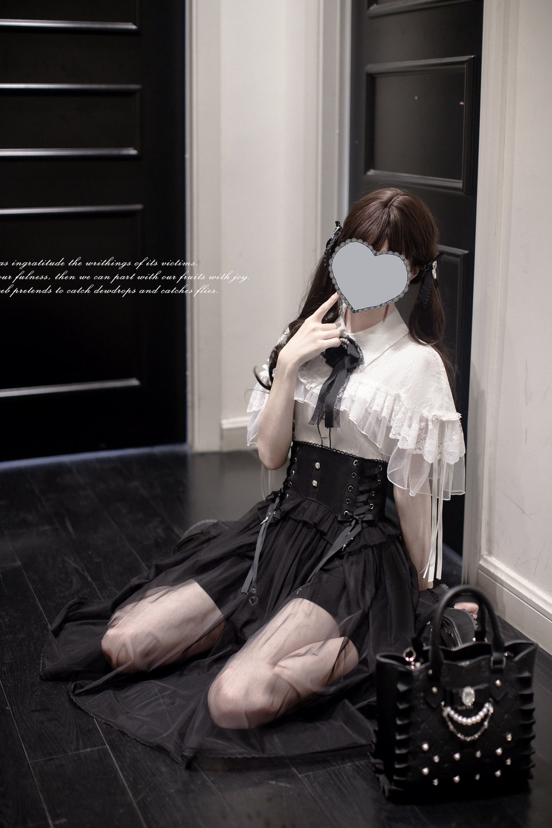 Jirai Kei Cape-Styled Blouse, High-Waist Skirt With Veil Overlay 42919:775517