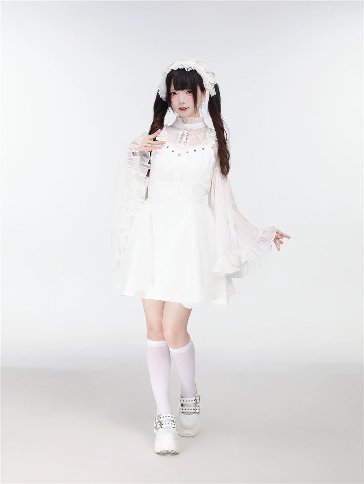 Black/White Jirai Kei Jumper Dress & Hime-Sleeved Sheer Blouse 43326:773604