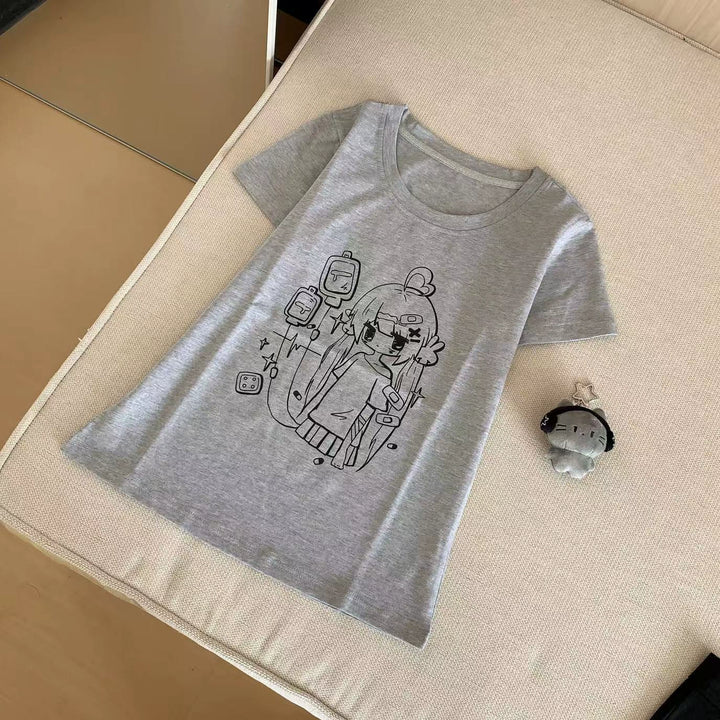 Gray Yami Kawaii T-Shirt With Anime Sick Girl Print (L M) 42898:757204