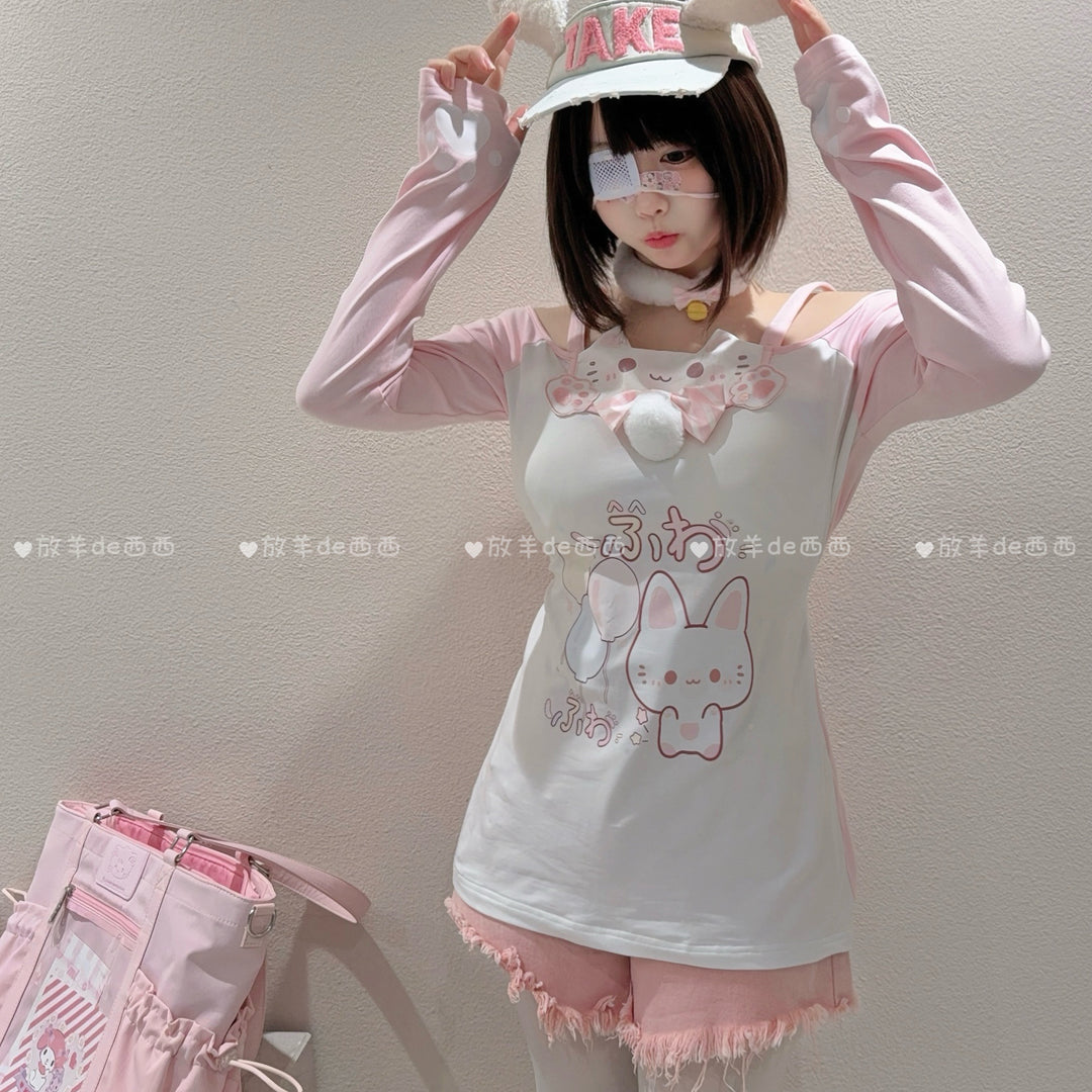 Kawaii Cat-Print Cotton Skirt Off-Shoulder Top with Choker 42812:754148