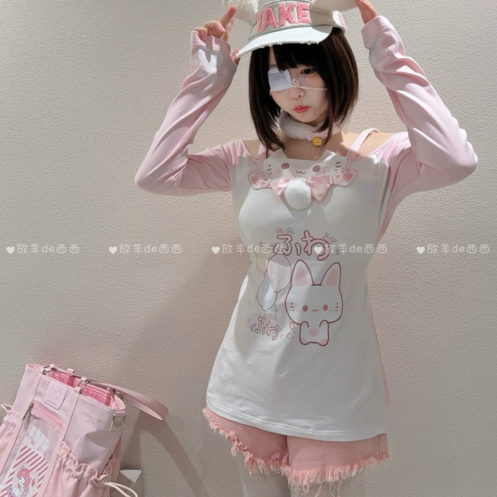 Kawaii Cat-Print Cotton Skirt Off-Shoulder Top with Choker 42812:754148