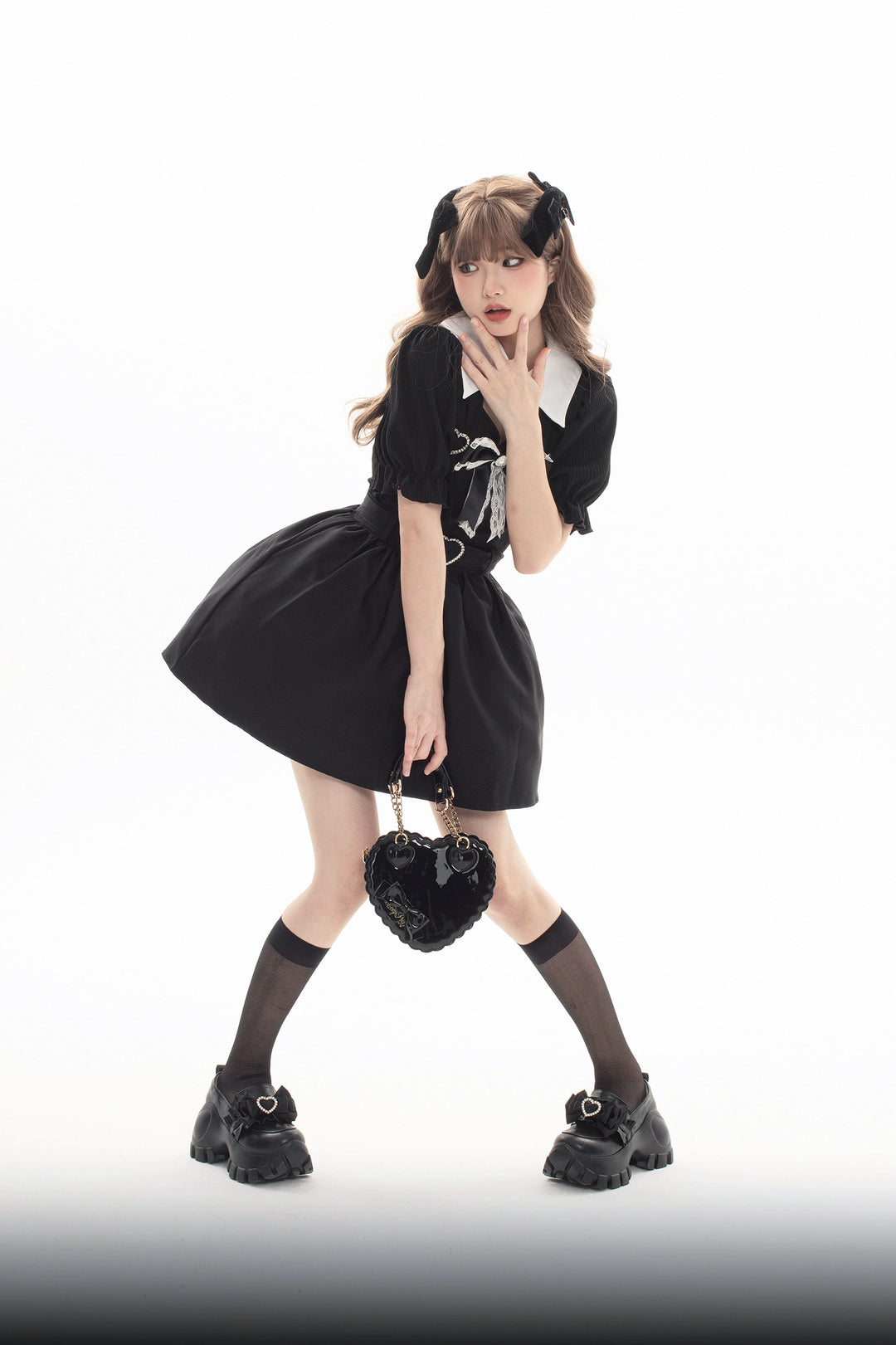 JK Uniform Pink Black Platform Shoes With Bow Ties 21892:332016