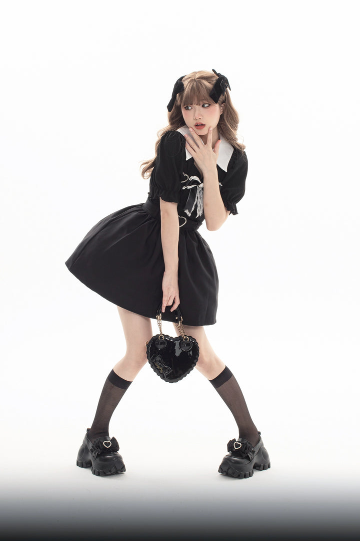 JK Uniform Pink Black Platform Shoes With Bow Ties 21892:332016