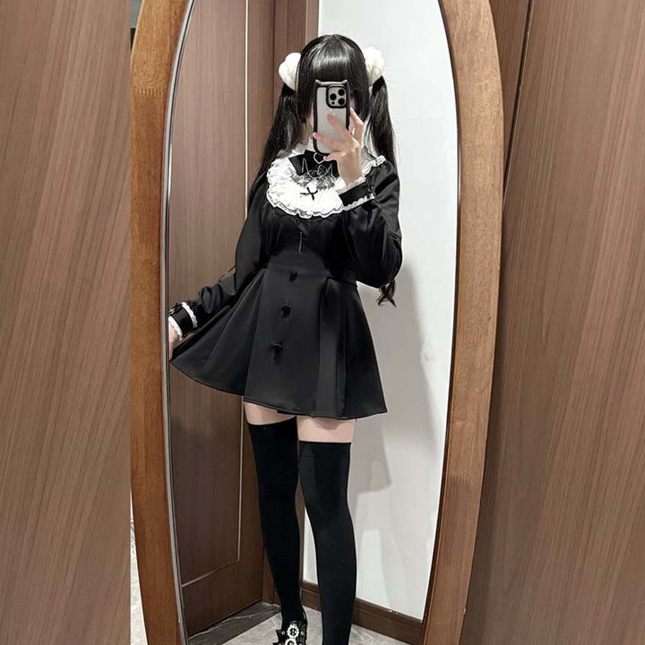 Plus Size Jirai Kei Long Sleeve Dress Set With Lace Wrist Bow Multicolor 41688:710570
