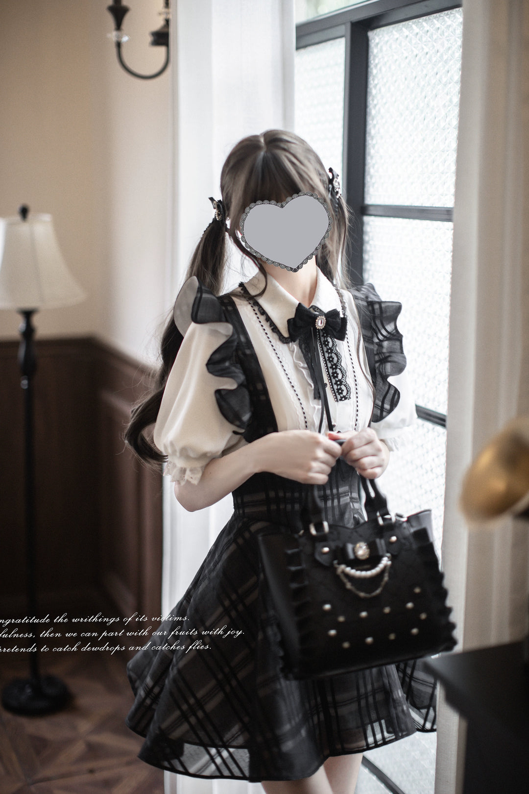 Black Plaid Jirai Kei Suspender Skirt, White Blouse 42918:760669