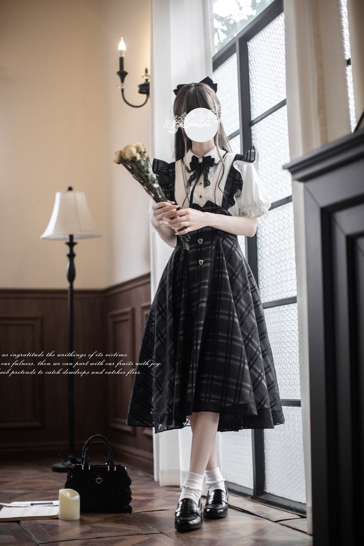 Black Plaid Jirai Kei Suspender Skirt, White Blouse 42918:760666