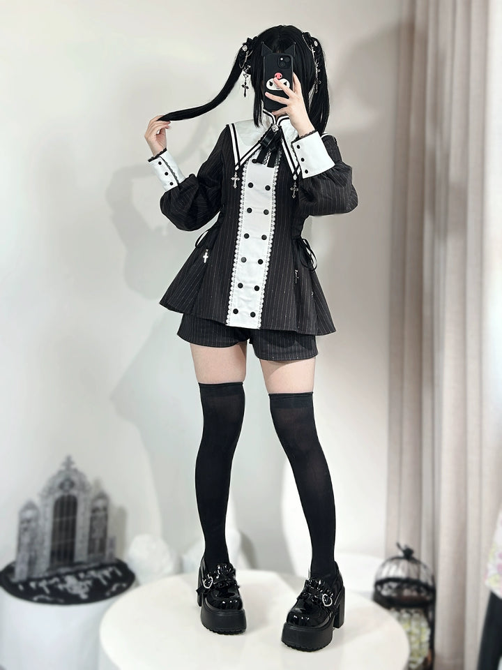 Striped Jirai Kei Set Up, Detachable Collar, Long/Short Sleeve Styles 43401:775814