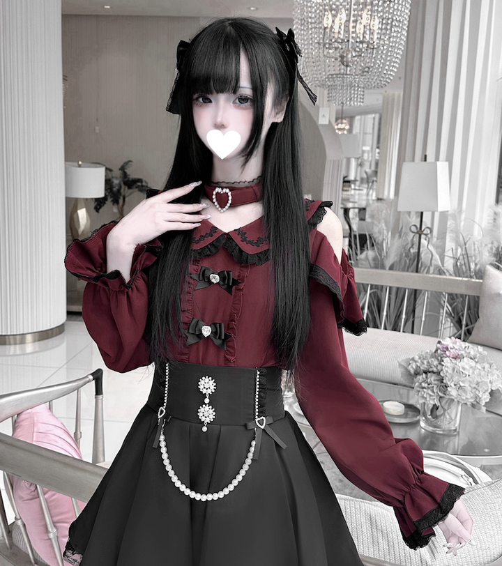 Jirai Kei Open-shoulder Blouse Black Skirt With Peal Chain (L M XL) 42164:734092