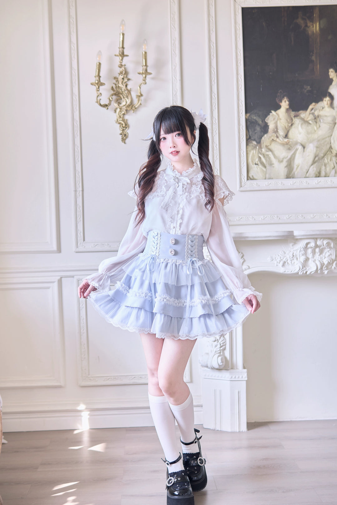 Jirai Kei Ruffle Tiered Skirt with Lace and Bows Multicolor 42894:758570