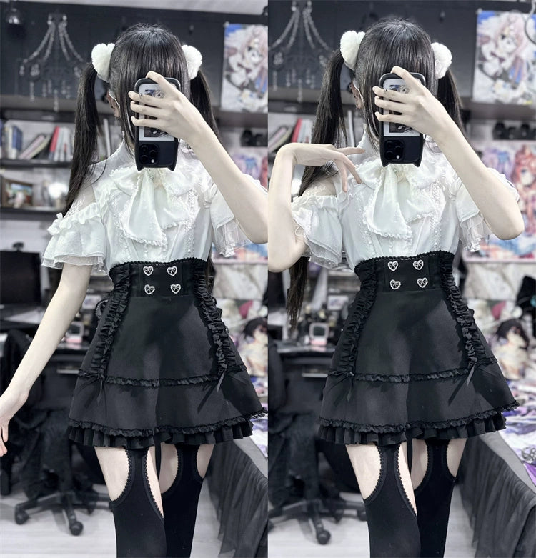 Jirai Kei Blouse Lace Open Shoulder Shirt Short Sleeve 37852:573320