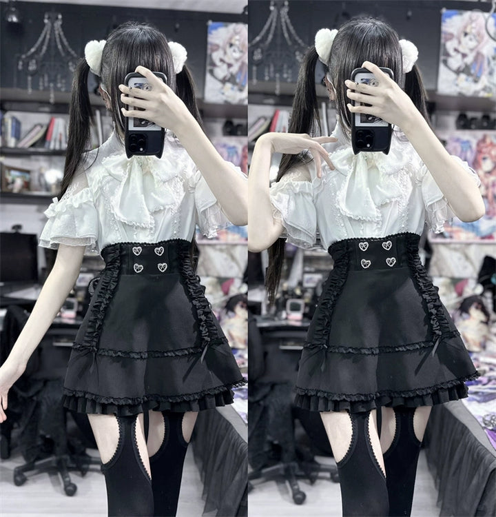 Jirai Kei Blouse Lace Open Shoulder Shirt Short Sleeve 37852:573320