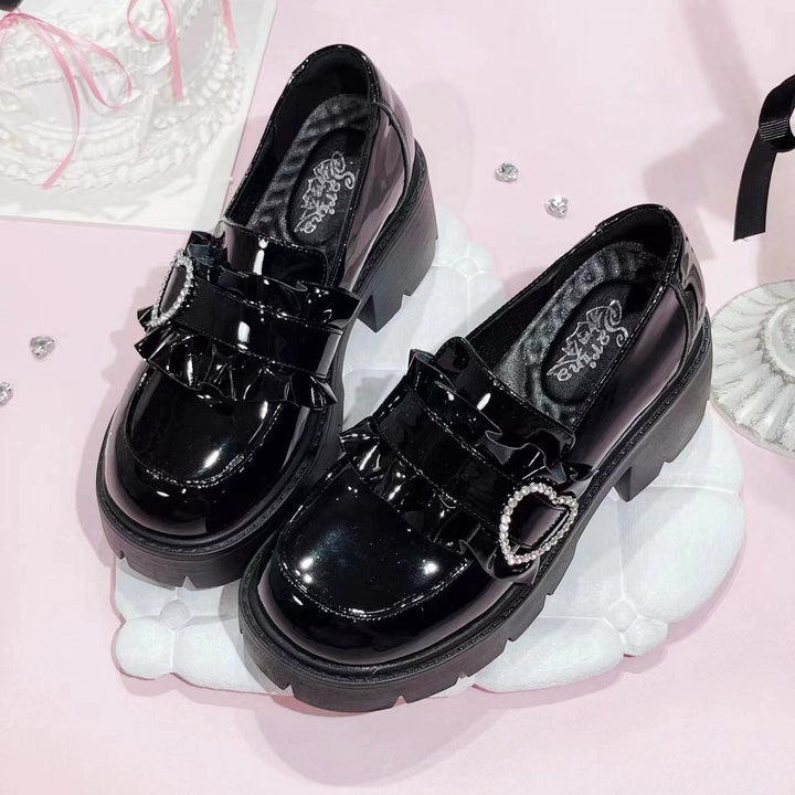Jirai Kei High Platform Shoes, Heart Rhinestone Buckle (Black / 35 36 37 38 39 40 41) 43787:785717