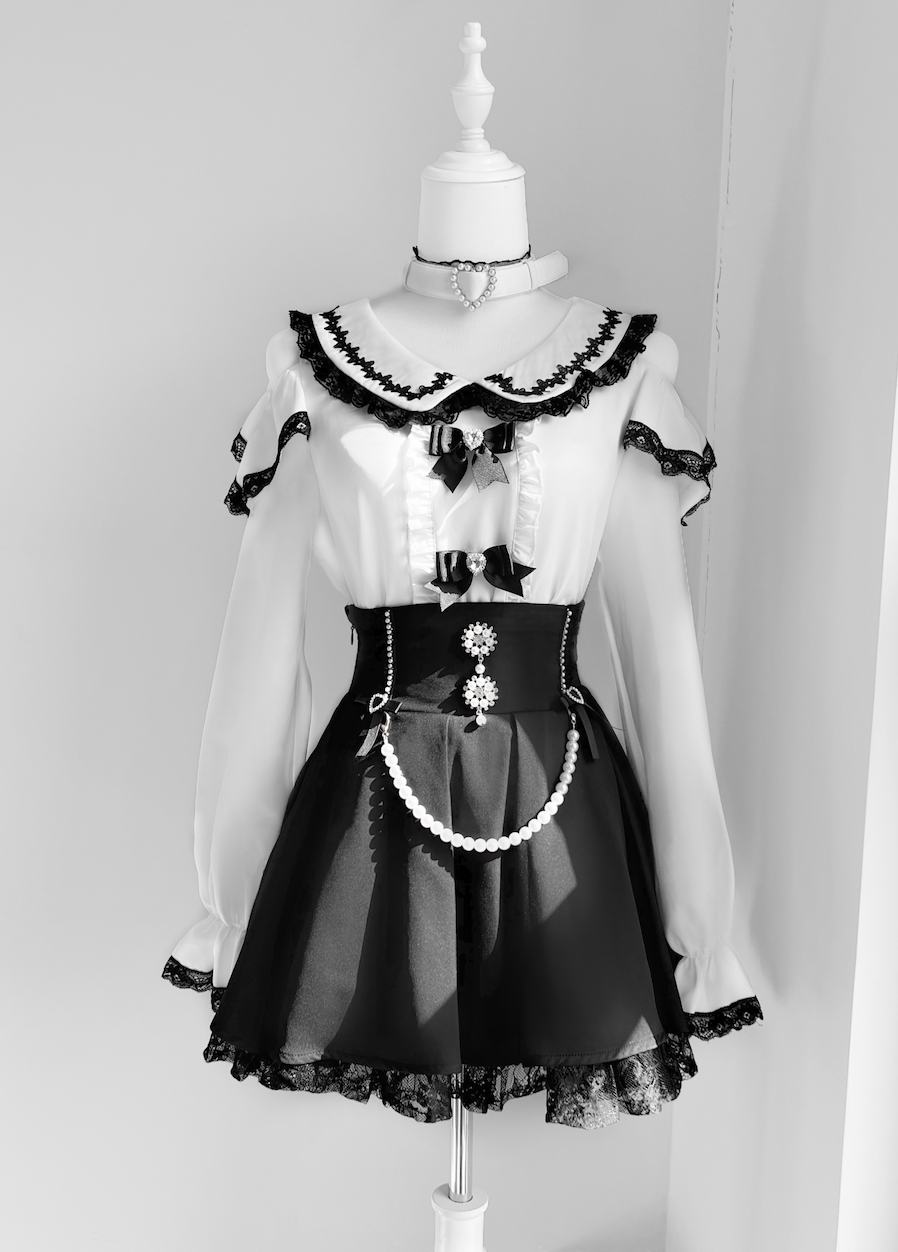 Jirai Kei Open-shoulder Blouse Black Skirt With Peal Chain 42164:729295
