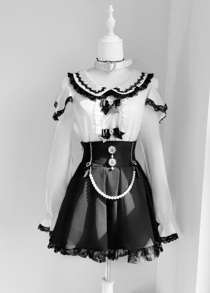 Jirai Kei Open-shoulder Blouse Black Skirt With Peal Chain 42164:729295