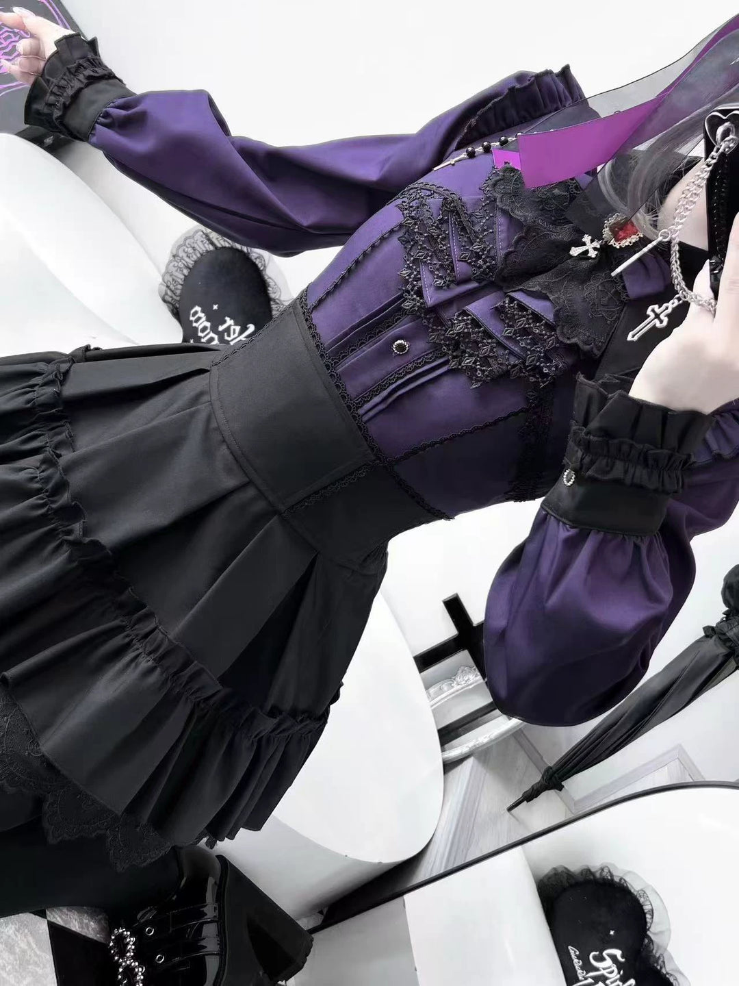 Jirai Kei High-Waist Skirt, Tiered Ruffles and Lace 44365:807235