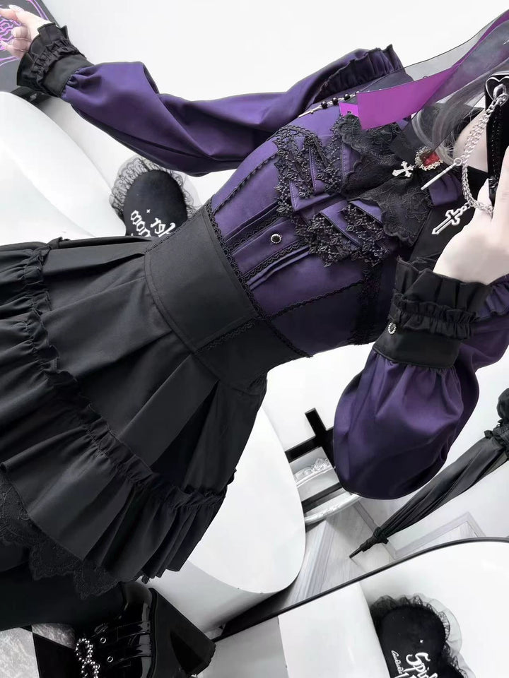 Jirai Kei High-Waist Skirt, Tiered Ruffles and Lace 44365:807235
