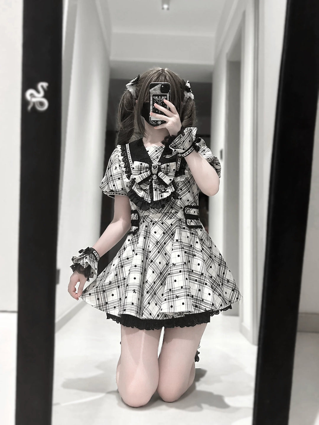 Cotton Lining Jirai Kei Dress, Plaid & Polka Dot Style 44924:829916