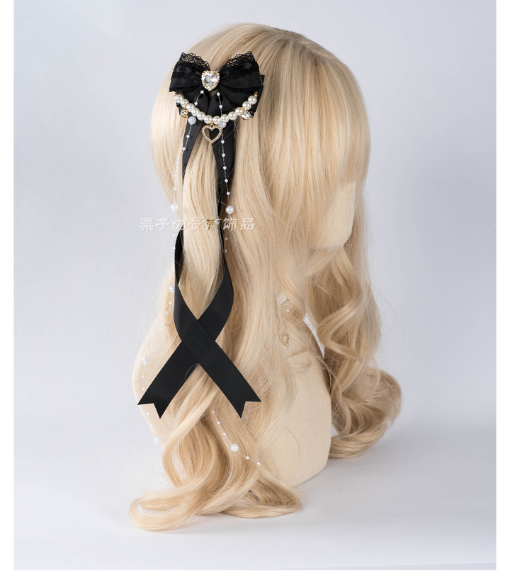 Jirai Kei Bow Hair Clip, Heart Rhinestone, Pearl Chain, Lace Trim 43501:778539