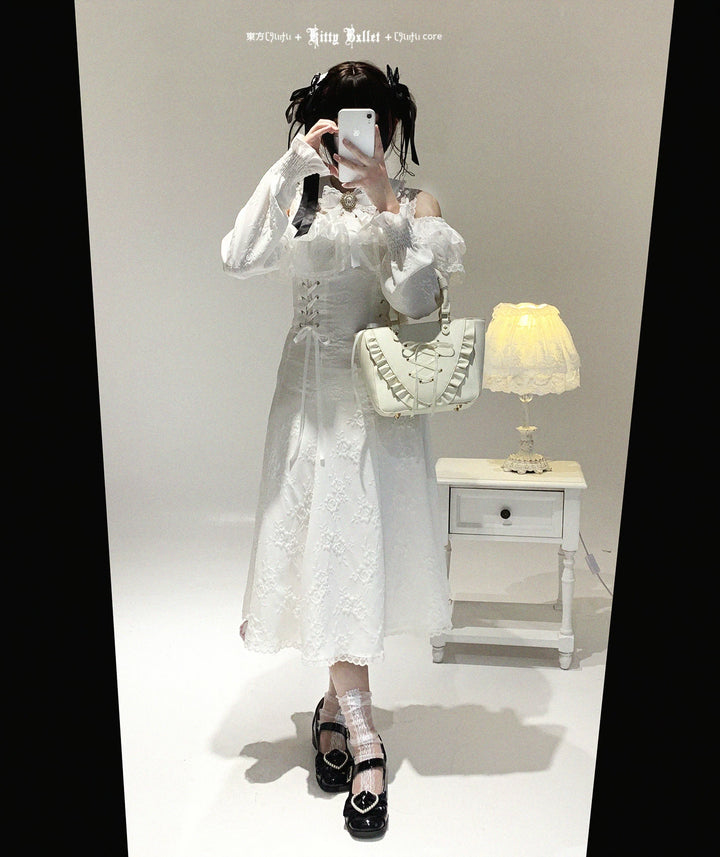 Elegant Long Open-Shoulder Dress, Subtle Floral Pattern 44473:809671