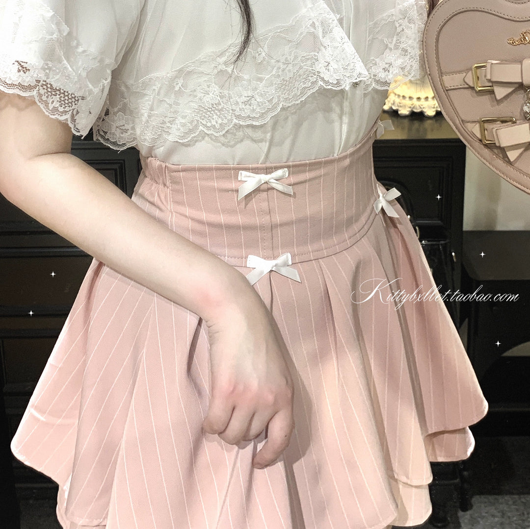 Striped Jirai Kei Skirt, Elastic Built-in Waist Shorts (Pink / L M S) 43074:764422
