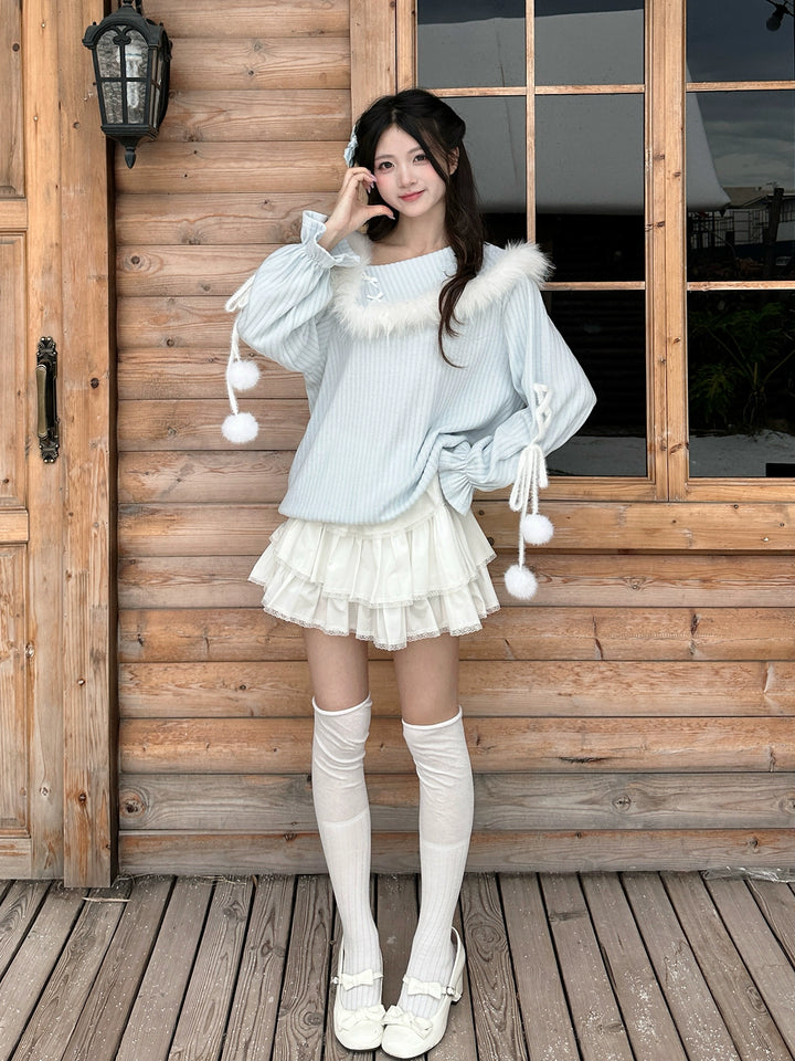 Sweet Blue One-Shoulder Sweater & White Tiered Skirt (L M S) 43935:790927