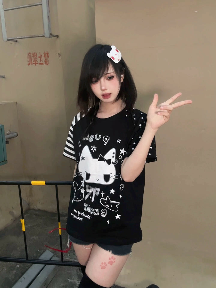 Kawaii Otaku Anime Cat Print Cotton Shirt Black & White 42851:755329