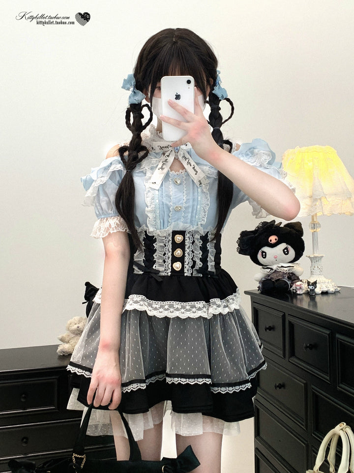 Lace Open Shoulder Jirai Kei Blouse, Heart Rhinestone 43692:783148