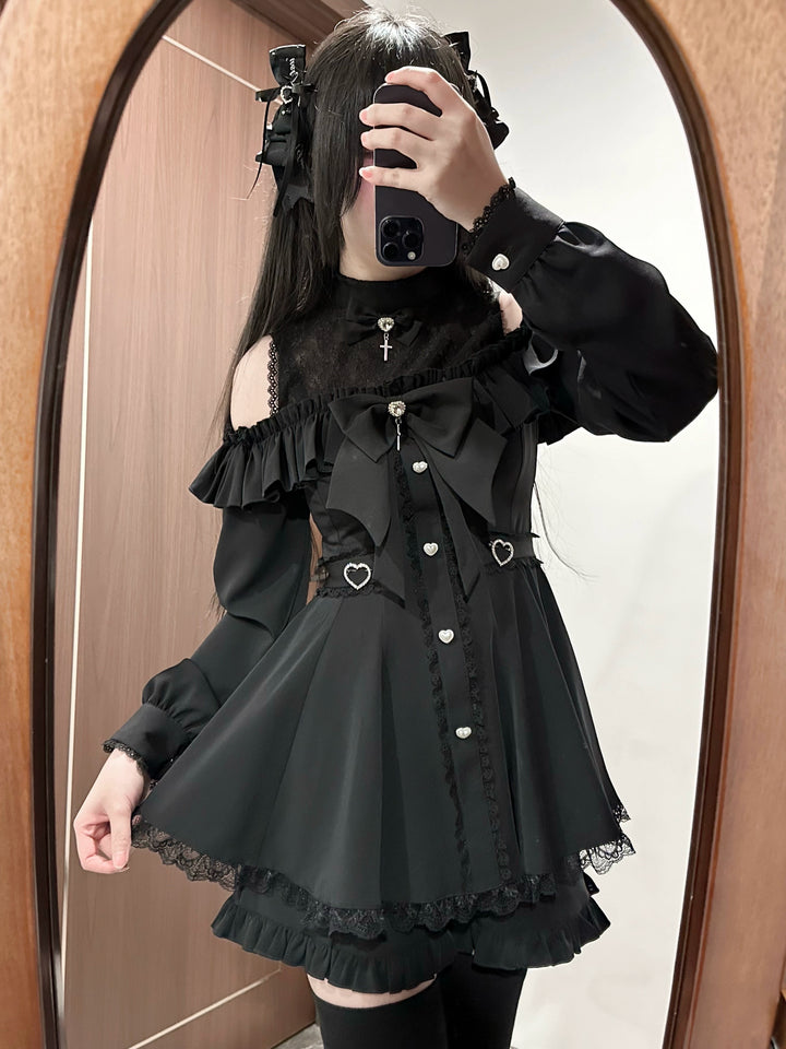Jirai Kei Dress Set, Open-Shoulder Dress, Lace Patchwork 41552:703578