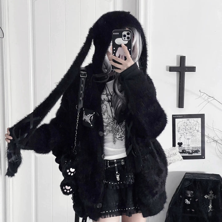 White/Black Knitted Coat, Long Bunny Ear Hood 44334:804899