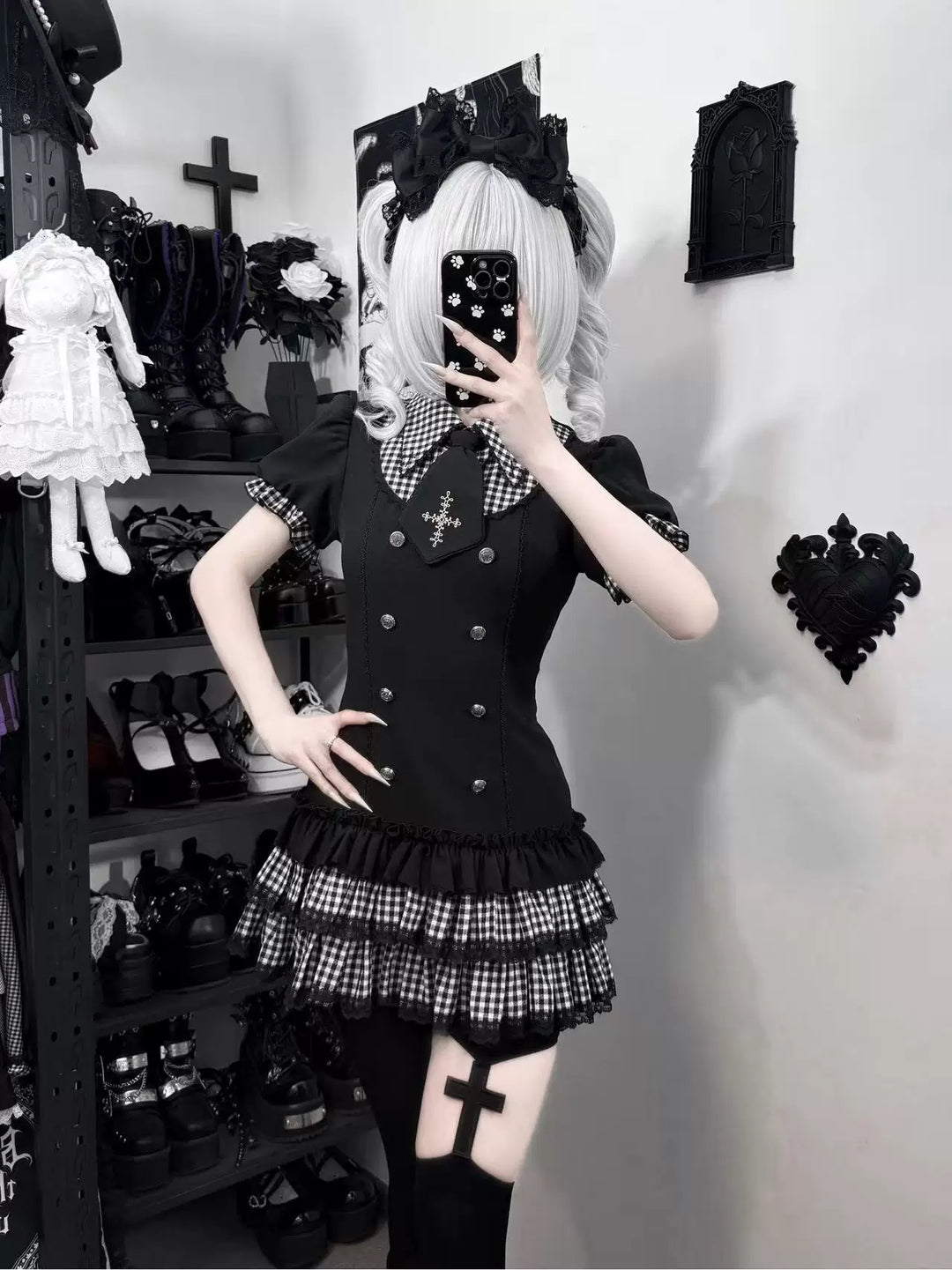 Low-Waist Jirai Kei Dress Set, Cross Embroidery 44780:826730
