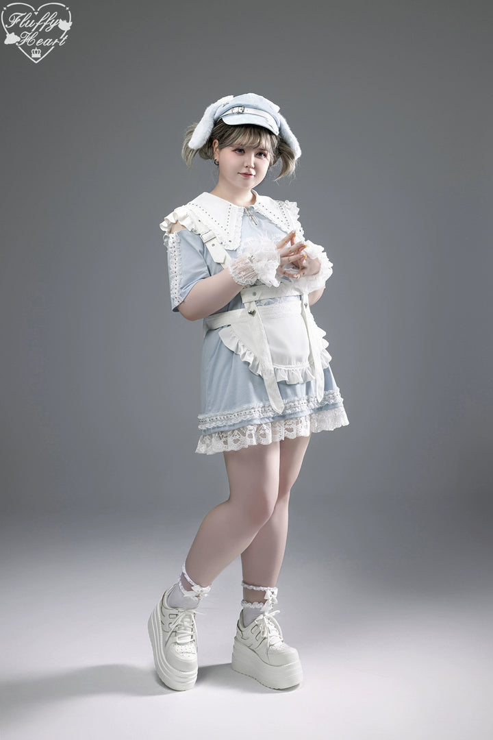 Cotton Sub Jirai Kei T-Shirt Dress, Pointed Collar, Open Shoulder 43373:774825