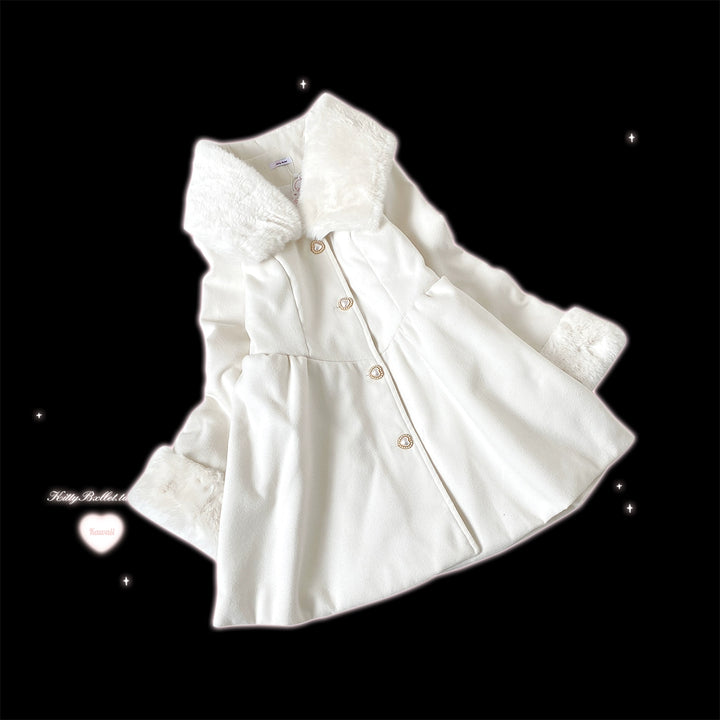 Jirai Kei Coat Detachable Fur Collar Dress Wool-like Jacket (White) 40416:667626