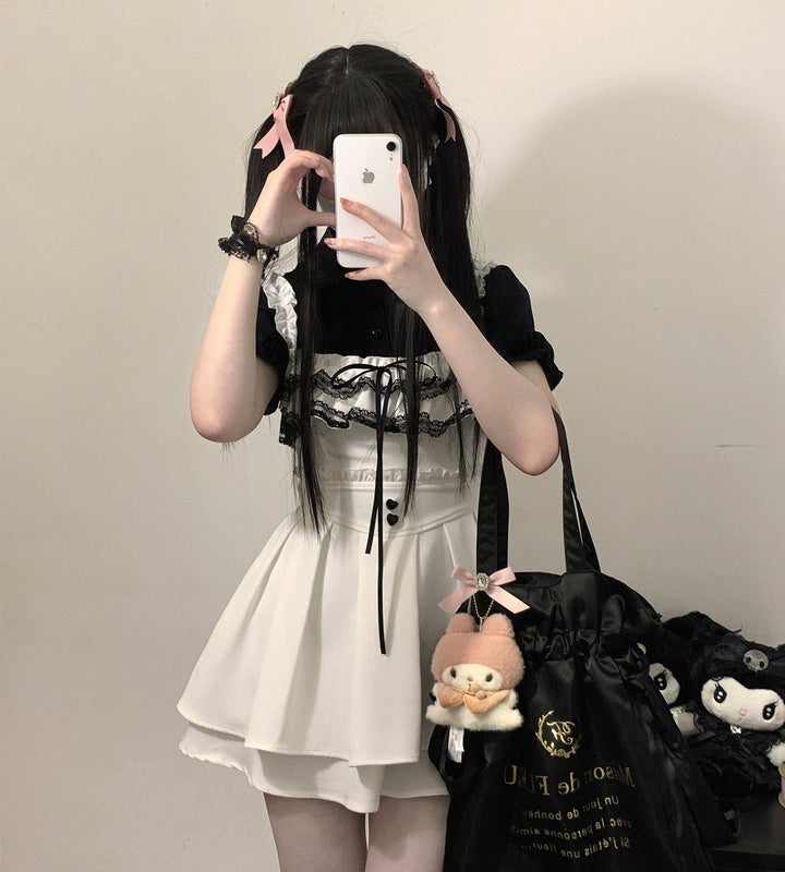 Jirai Kei Blouse Sweet Lace Collar Shirt Short Sleeve 35376:526602 35376:526602