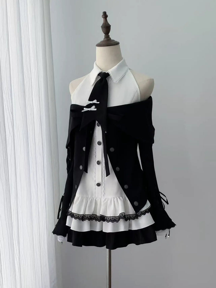 Jirai Kei Black White Dress and Jacket Set, Off-Shoulder (L M S) 45988:871032