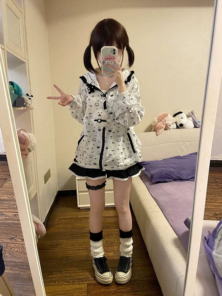 Kawaii Hooded Sunscreen Jacket with Cat Ears & Animal Prints 42905:759065