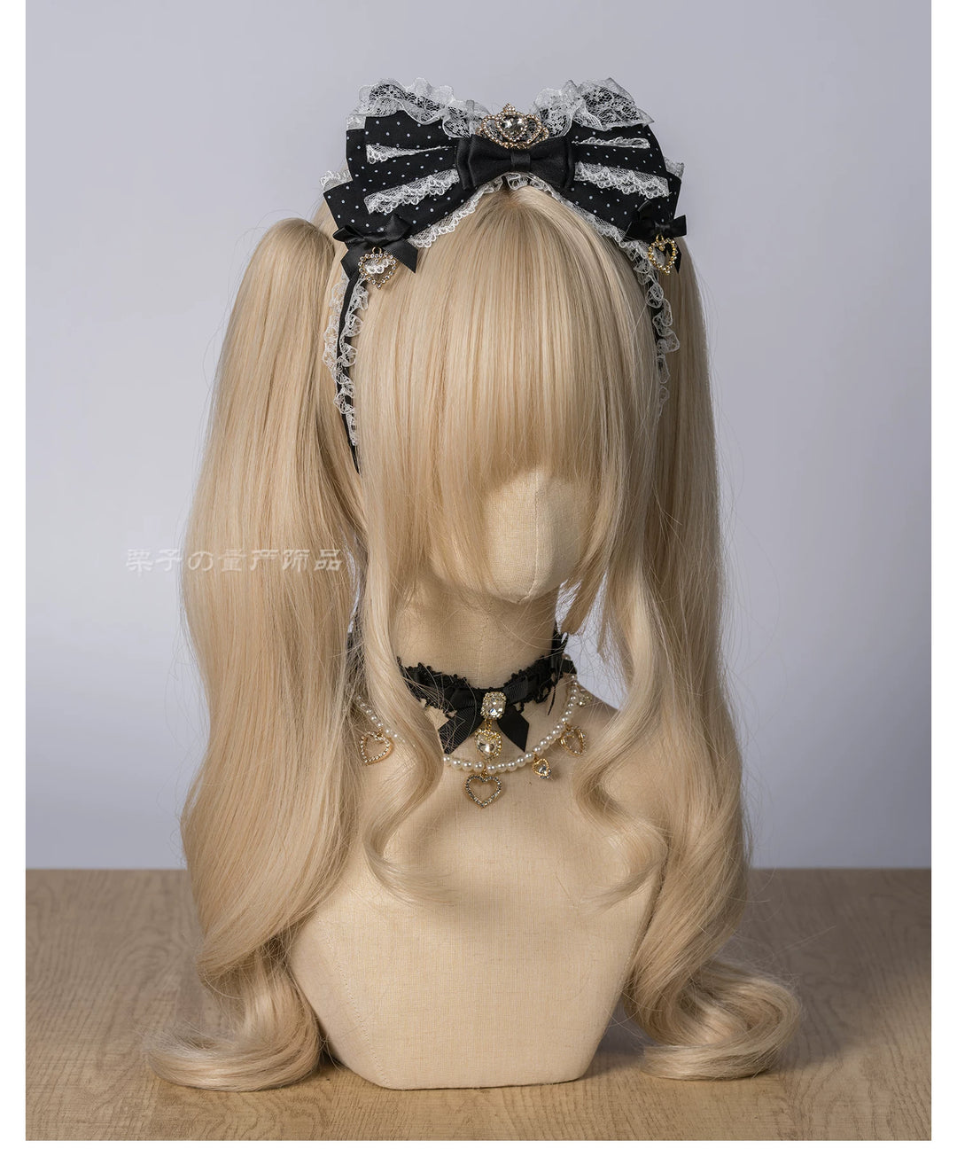 Jirai Kei Layered Bow Lace Headband, Crown & Heart Rhinestone 45960:870861