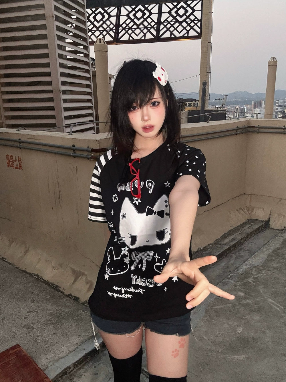 Kawaii Otaku Anime Cat Print Cotton Shirt Black & White 42851:755334
