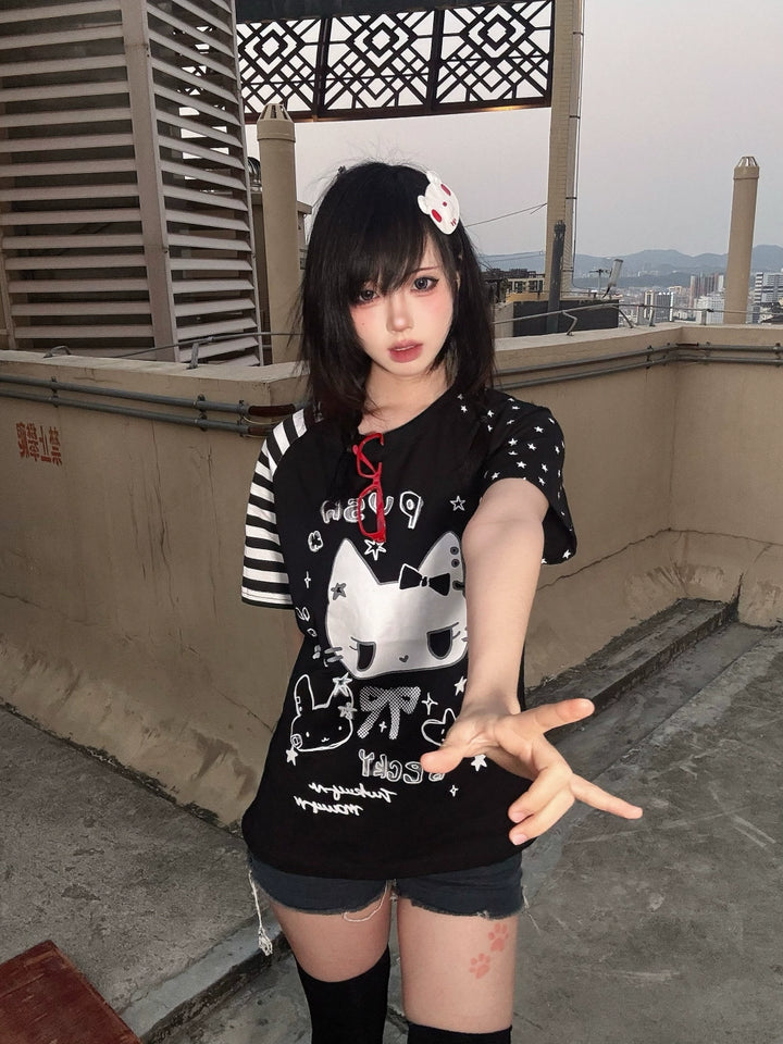 Kawaii Otaku Anime Cat Print Cotton Shirt Black & White 42851:755334