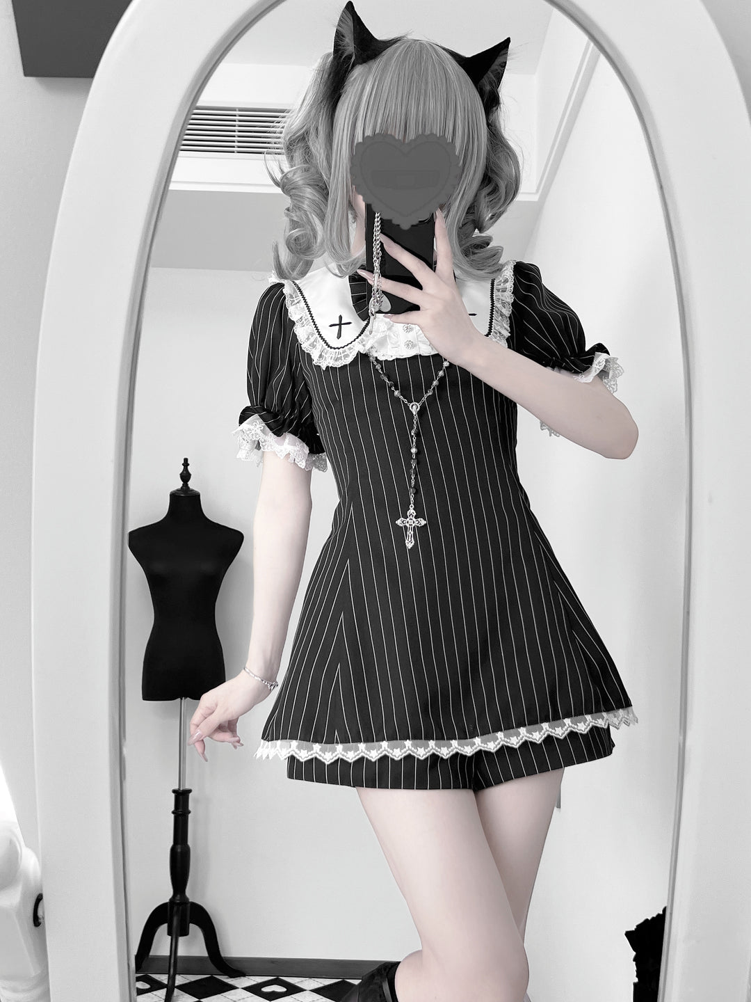 Striped Jirai Kei Dress Set Sailor Collar with Cross Details (L M S XL) 42785:752987