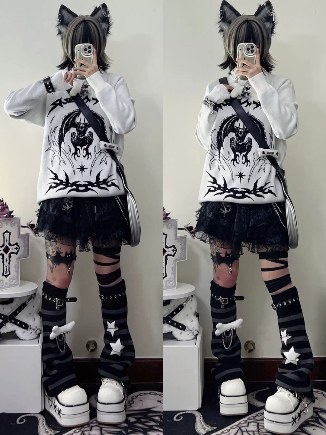 Punk Sweater White Bat Embroidered Sweater 39788:640198