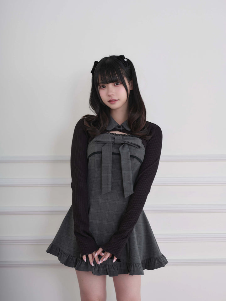 Ryousangata Dress & Knit Bolero Set, Plaid/Striped Pattern 46030:873178
