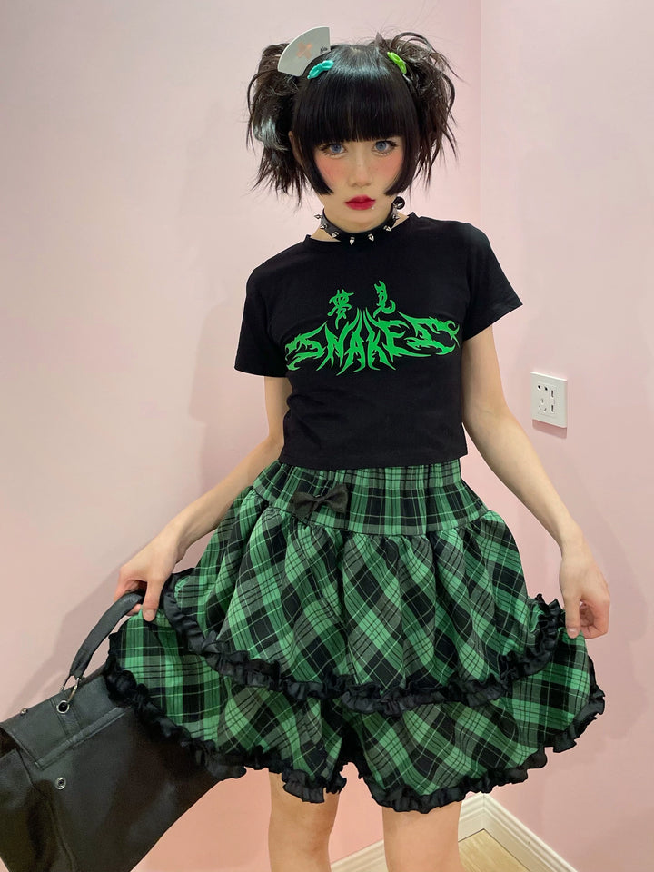 Punk Plaid Skirt Pink Blue Skirt Bow Layered Ruffle Skirt 33818:445926 33818:445926