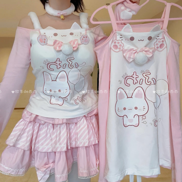 Kawaii Cat-Print Cotton Skirt Off-Shoulder Top with Choker 42812:754145