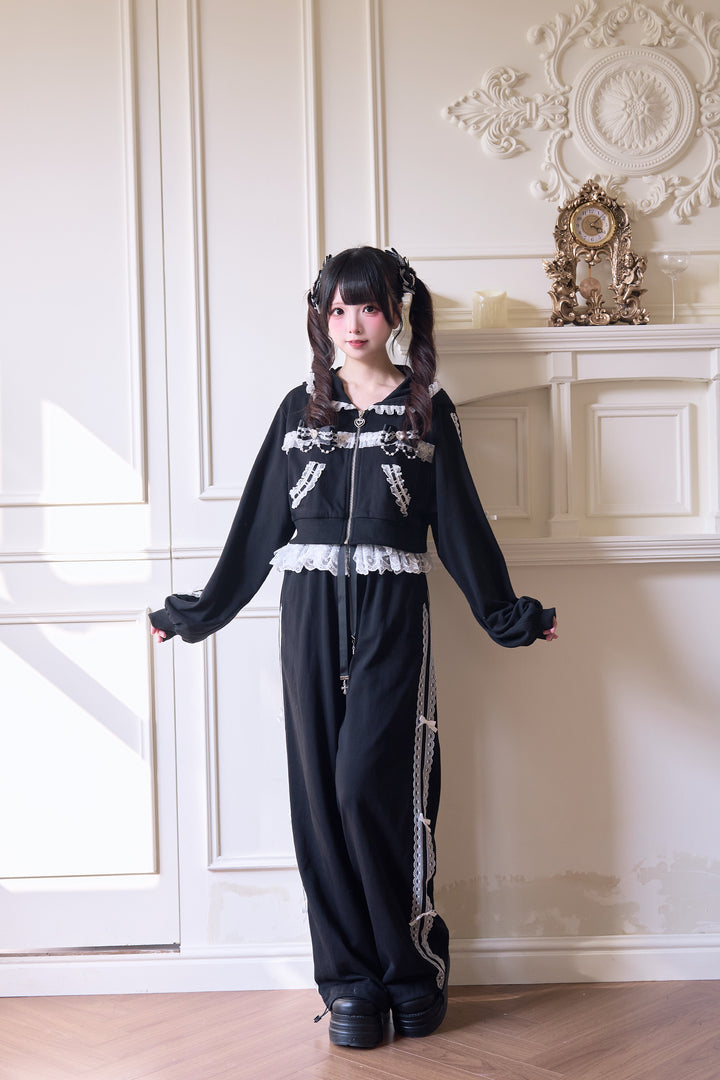 Sport Jirai Kei Hoodie Jacket Pants and Skirt with Lace Detail (Black / M) 42521:743629