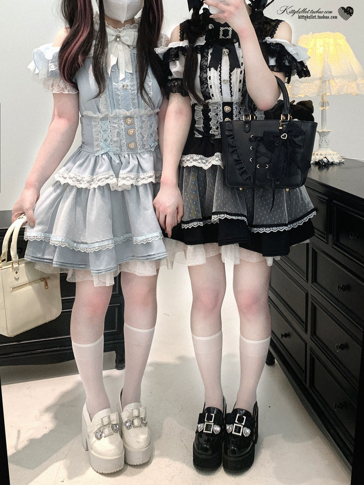 Lace Open Shoulder Jirai Kei Blouse, Heart Rhinestone 43692:783122