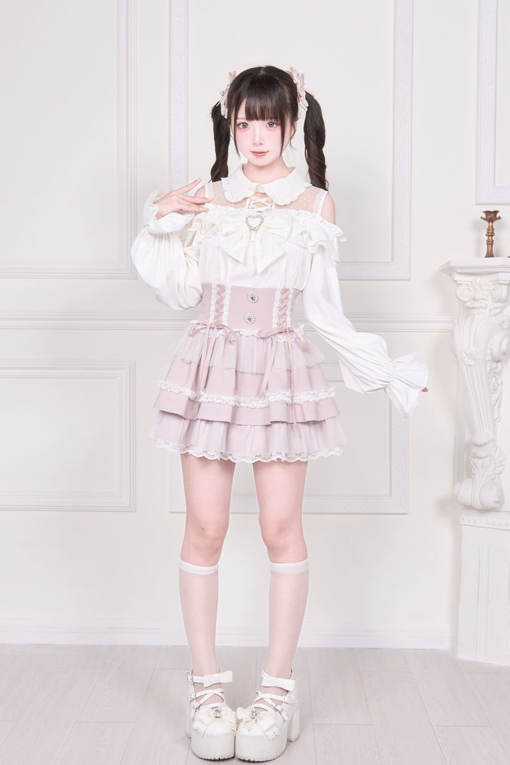 Sheer Open Shoulder Jirai Kei Blouse, Chest Flounce Hem 43682:782680